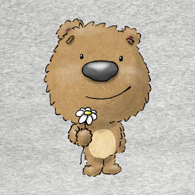 Cute happy brown bear holding french daisy flower by MartinDrawsBears